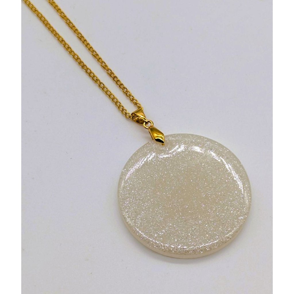 Gold Chain Necklace With Round White Glitter Resin Pendant